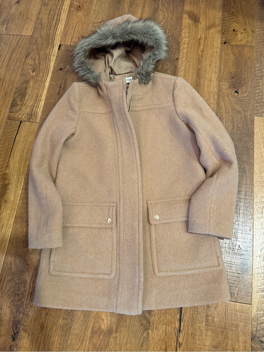 J. Crew Blush Wool-Blend Pea Coat with Faux-Fur Hood